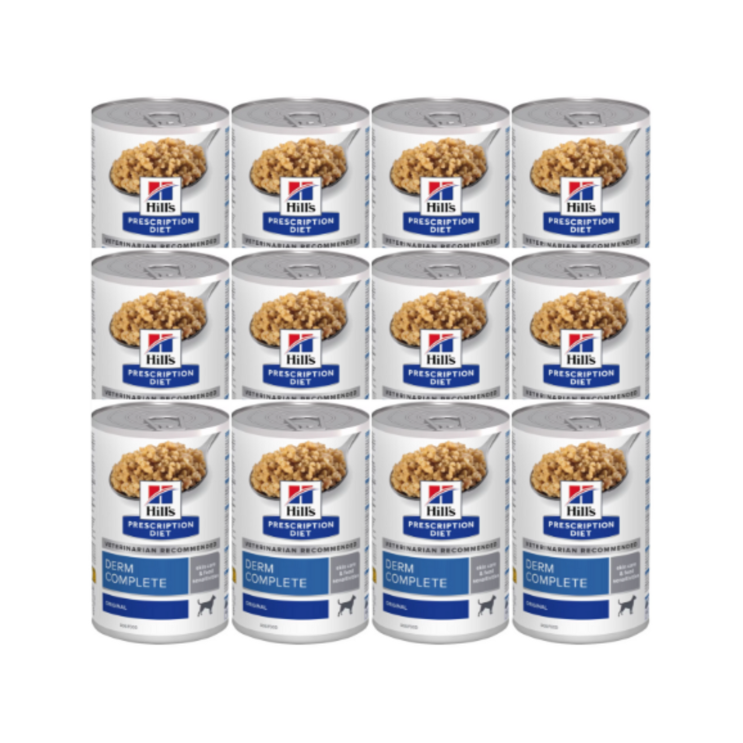 12 Latas Hill's Prescription Diet Alimento Húmedo para perro, Derm Complete Rice & Egg Recipe Canned Dog Food, 370g