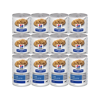 12 Latas Hill's Prescription Diet Alimento Húmedo para perro, Derm Complete Rice & Egg Recipe Canned Dog Food, 370g