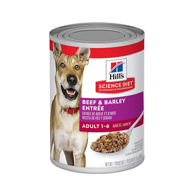 12 Latas Hill's Science Diet Perro Adulto Alimento Húmedo para Perro Sabor Carne de Res y Cebada, 370g