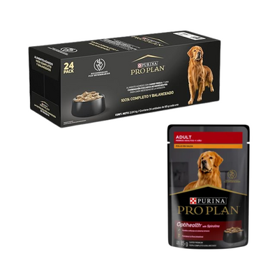 24 Pouches Pro Plan Perro Adulto Receta de Pollo 85 Gr.