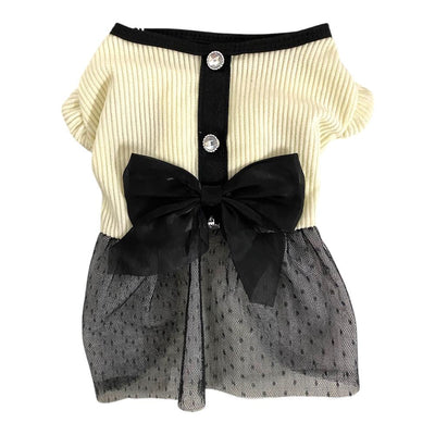 Vestido de Noche color Beige con Moño Negro Talla XXS