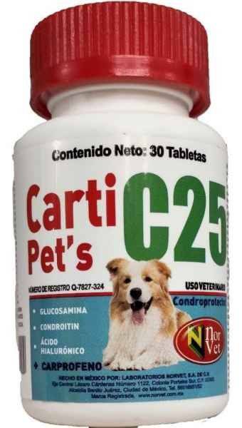 Carti Pet's C25, Condroprotector + Carprofeno, Frasco con 30 tabletas, Norvet. - AniMALL