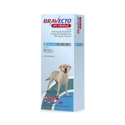 Bravecto 1M Triple 400 mg para Perros de 20-40 Kg 3 Tabletas Masticables