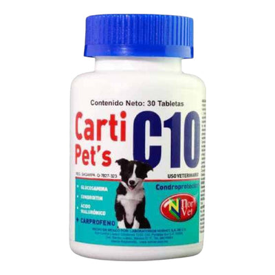 Carti Pet's C10, Condroprotector + Carprofeno, Frasco con 30 tabletas, Norvet.