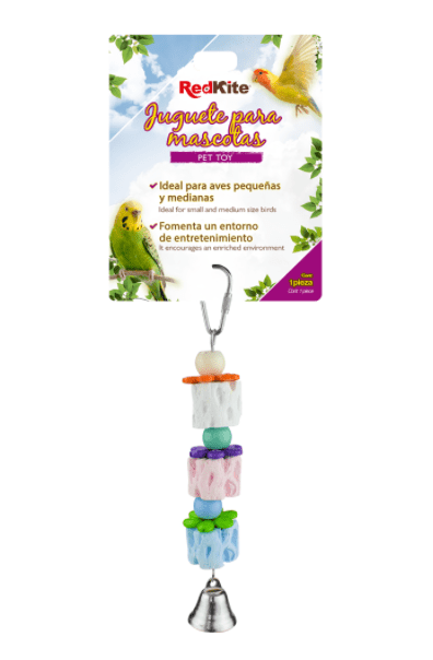Juguete colgante para aves triple con calcio RedKite , con piezas de colores y campana