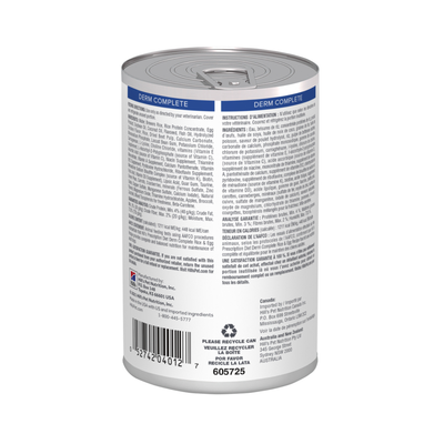 1 Lata Hill's Prescription Diet Alimento Húmedo para perro, Derm Complete Rice & Egg Recipe Canned Dog Food, 370g
