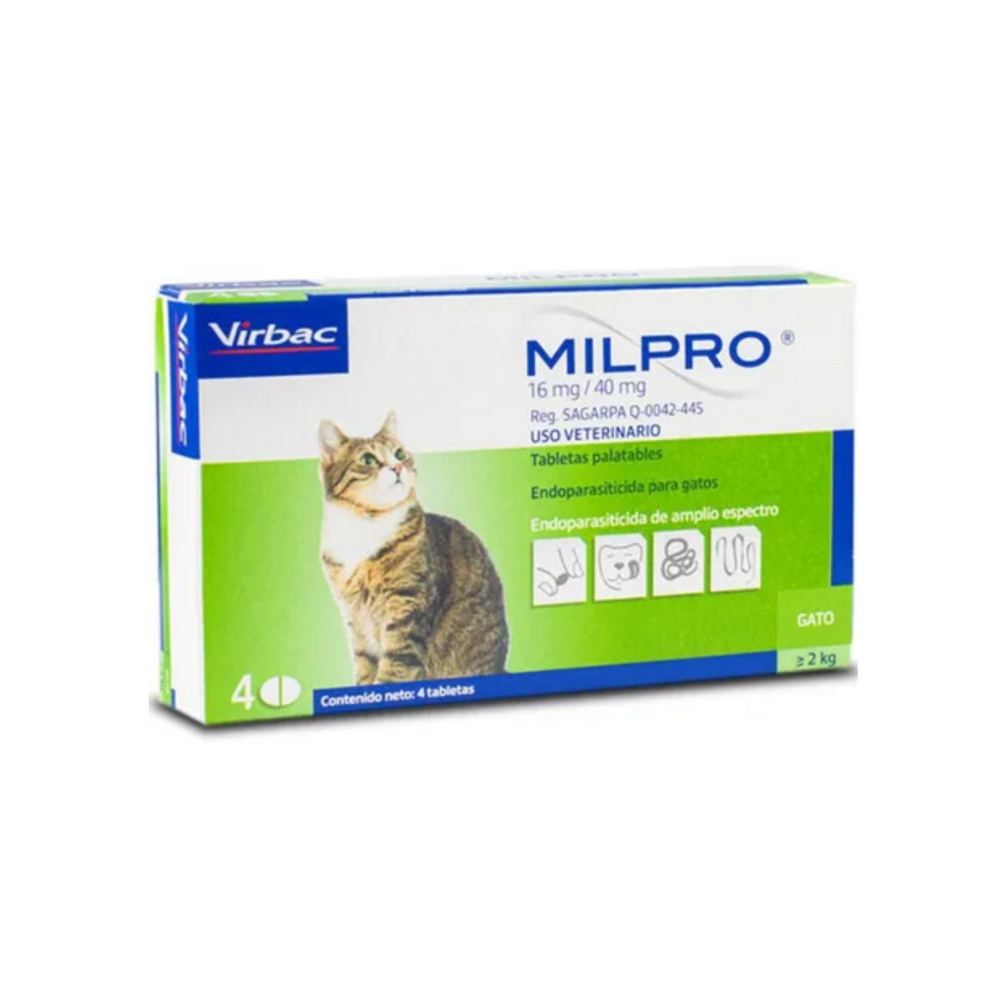 Milpro Vet, Endoparasiticida para Gatos 16 Mg./40 Mg. (≥ 2 Kg.) 4 Tabletas
