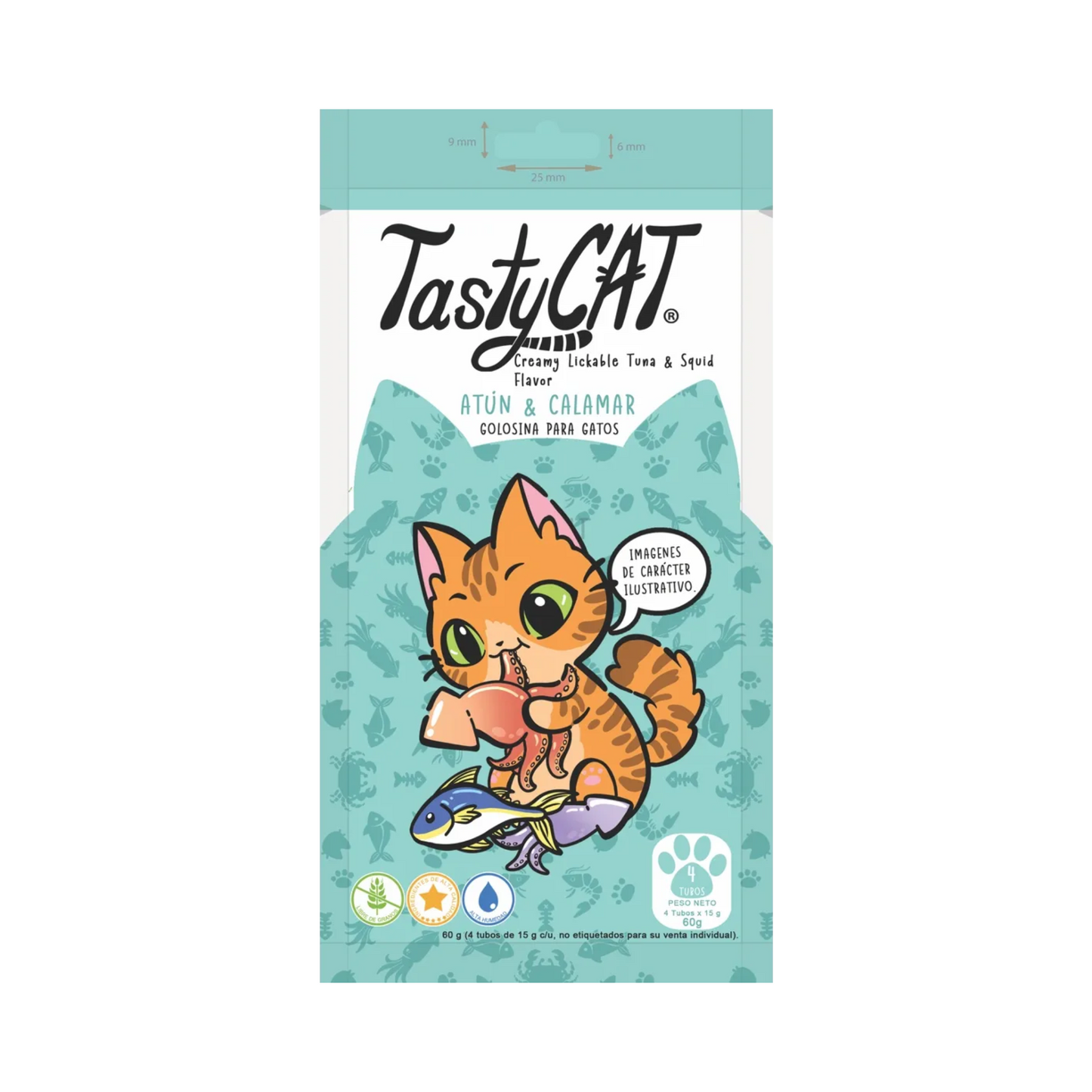 Premios para Gato Tasty Cat Atun y Calamar Bolsa con 4 Tubos de 15 g c/u