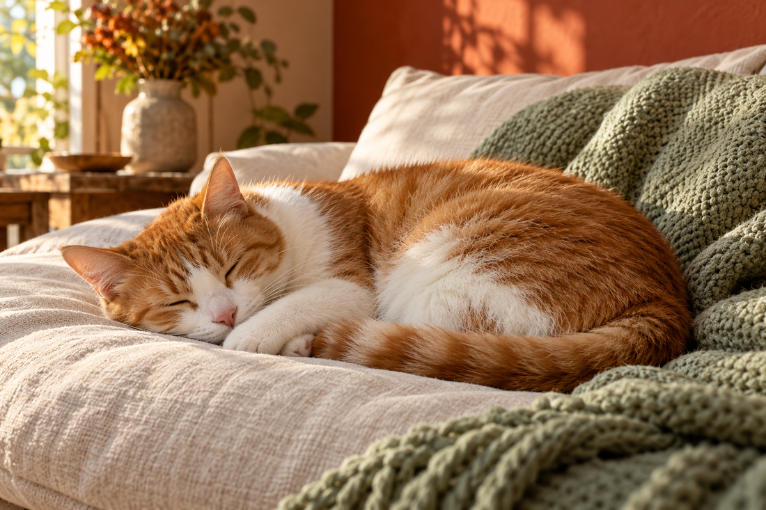 Gato descansando sobre una manta