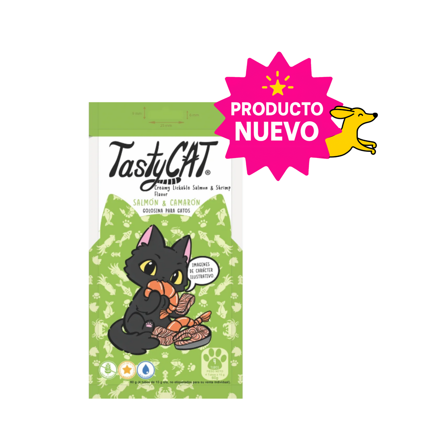 CORTA CADUCIDAD 25 Jul 2026 - PREMIOS PARA GATO TASTY CAT SALMON Y CAMARON BOLSA CON 4 TUBOS DE 15 G C/U