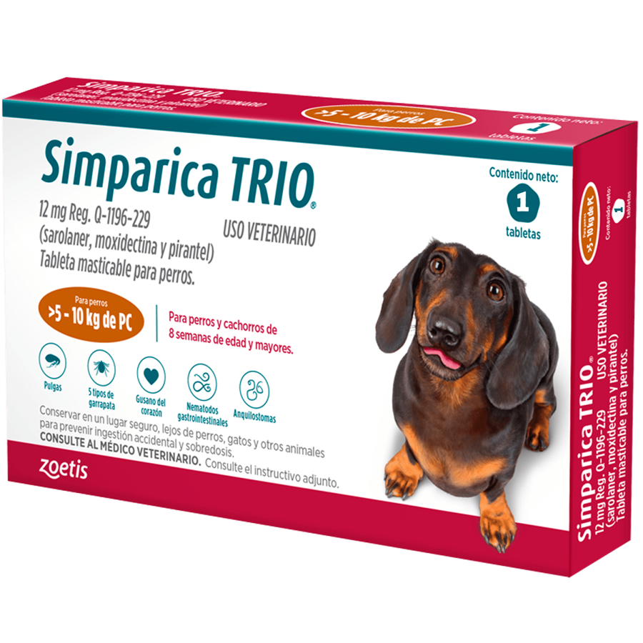 Simparica Trio 12 Mg., Tableta Masticable para Perros de 5 a 10 Kg. (1 Tableta), Zoetis