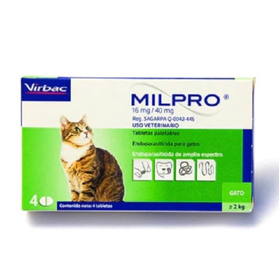 Milpro, Endoparasiticida para Gatos 16 Mg./40 Mg. (≥ 2 Kg.) 4 Tabletas, Virbac