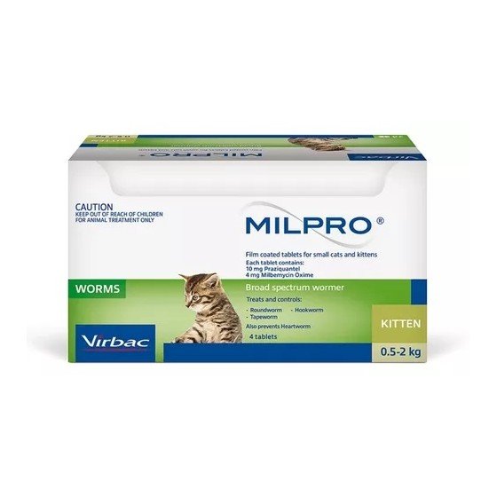Milpro, Endoparasiticida para Gatos Cachorros y Pequeños 4 Mg./10 Mg. (0.5 - 2 Kg.) 4 Tabletas, Virbac