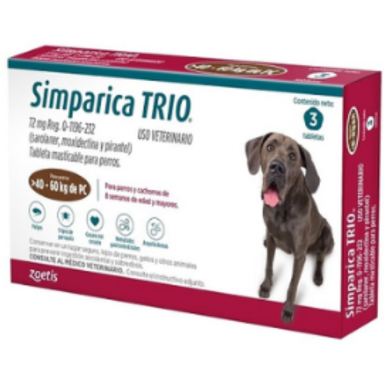 Simparica Trio 72 Mg., Tableta Masticable para Perros de 40 a 60 Kg. (3 Tabletas), Zoetis