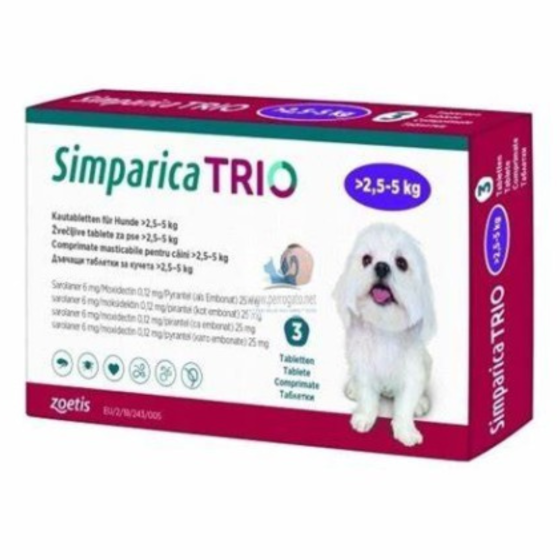 Simparica Trio 6 Mg., Tableta Masticable para Perros de 2.5 a 5 Kg. (3 Tabletas), Zoetis