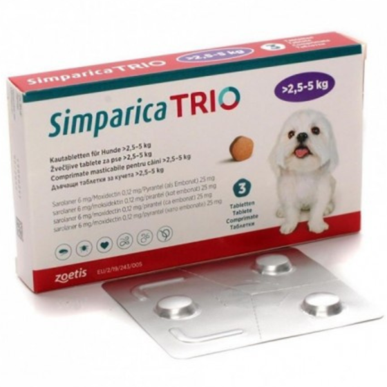 Simparica Trio 6 Mg., Tableta Masticable para Perros de 2.5 a 5 Kg. (3 Tabletas), Zoetis