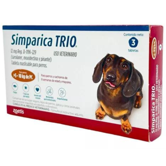 Simparica Trio 12 Mg., Tableta Masticable para Perros de 5 a 10 Kg. (3 Tabletas), Zoetis