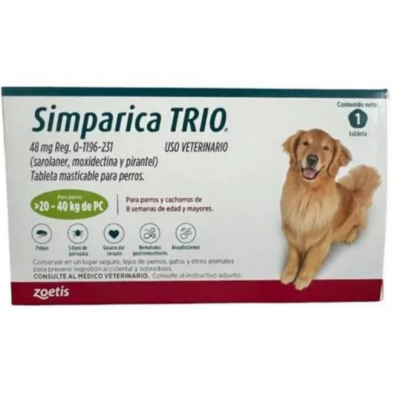 Simparica Trio 48 Mg., Tableta Masticable para Perros de 20 a 40 Kg. (1 Tableta), Zoetis