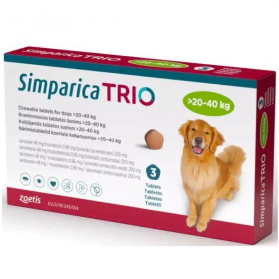 Simparica Trio 48 Mg., Tableta Masticable para Perros de 20 a 40 Kg. (1 Tableta), Zoetis