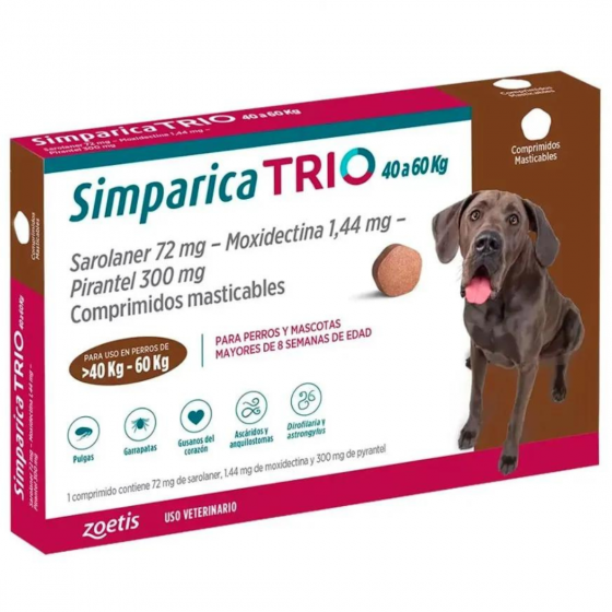 Simparica Trio 72 Mg., Tableta Masticable para Perros de 40 a 60 Kg. (1 Tableta), Zoetis