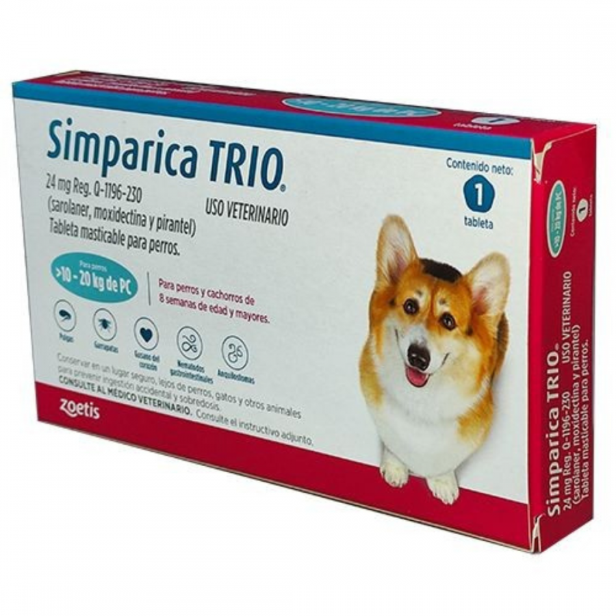 Simparica Trio 24 Mg., Tableta Masticable para Perros de Blue 10 a 20 Kg. (1 Tableta), Zoetis