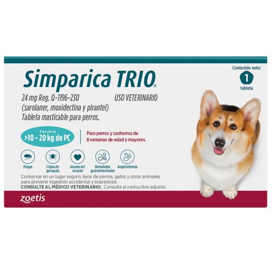Simparica Trio 24 Mg., Tableta Masticable para Perros de Blue 10 a 20 Kg. (1 Tableta), Zoetis