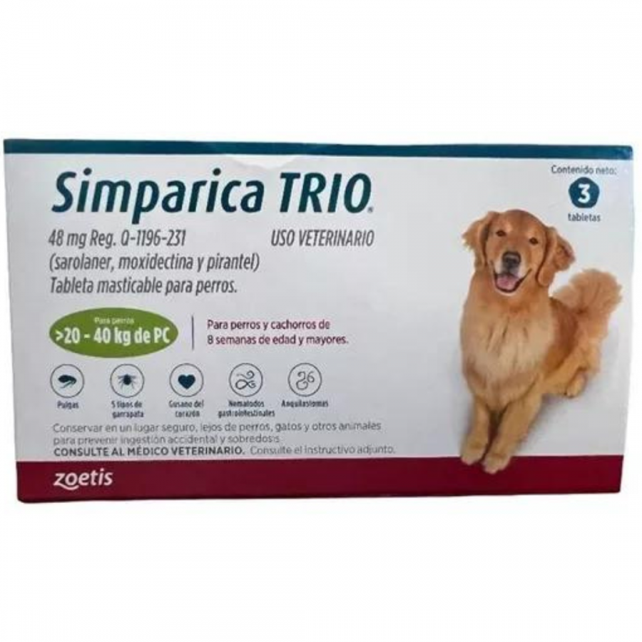 Simparica Trio 48 Mg., Tableta Masticable para Perros de 20 a 40 Kg. (3 Tabletas), Zoetis