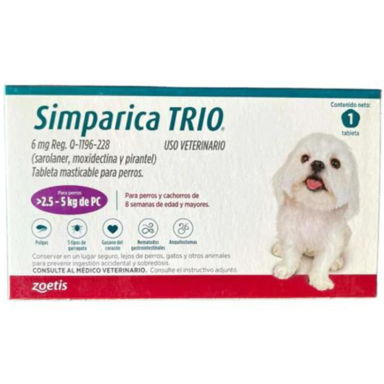 Simparica Trio 6 Mg., Tableta Masticable para Perros de 2.5 a 5 Kg. (1 Tableta), Zoetis