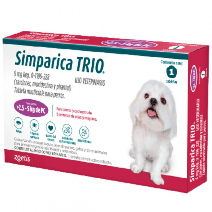 Simparica Trio 6 Mg., Tableta Masticable para Perros de 2.5 a 5 Kg. (1 Tableta), Zoetis