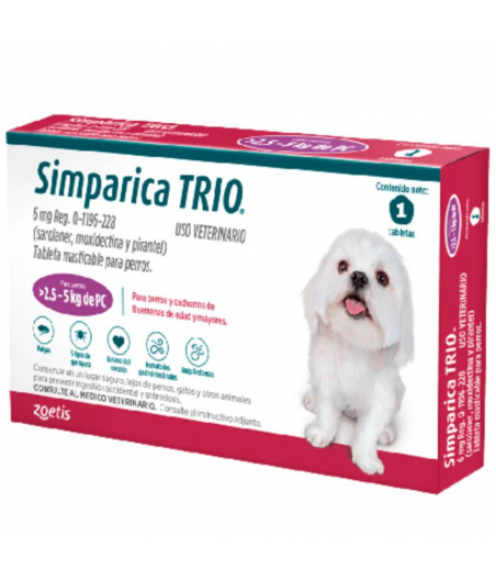 Simparica Trio 6 Mg., Tableta Masticable para Perros de 2.5 a 5 Kg. (1 Tableta), Zoetis