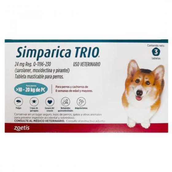 Simparica Trio 24 Mg., Tableta Masticable para Perros de 10 a 20 Kg. (3 Tabletas), Zoetis