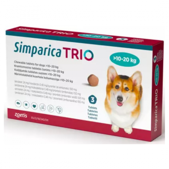 Simparica Trio 24 Mg., Tableta Masticable para Perros de 10 a 20 Kg. (3 Tabletas), Zoetis