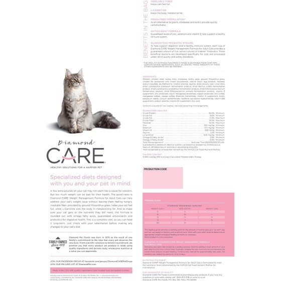Diamond Care Cat Weight Management 6.8 Kg.