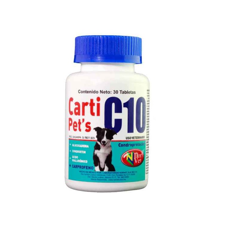 Carti Pet's C10, Condroprotector + Carprofeno, Frasco con 30 tabletas, Norvet.