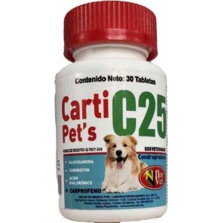 Carti Pet's C25, Condroprotector + Carprofeno, Frasco con 30 tabletas, Norvet.