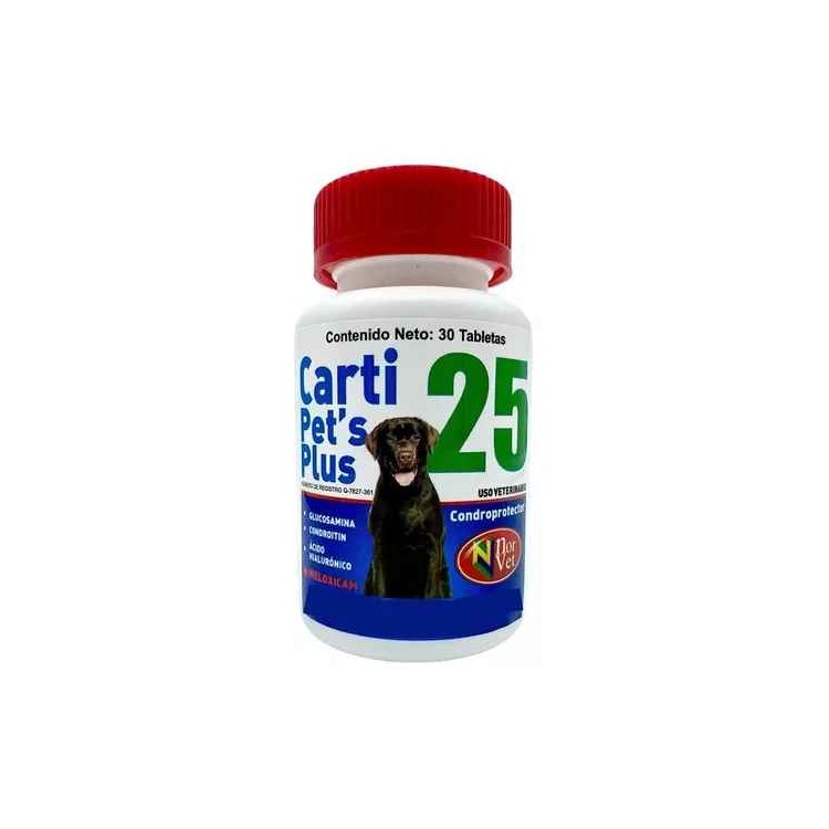 Carti Pet's Plus 25, Condroprotector + Meloxicam, Frasco con 30 tabletas, Norvet.