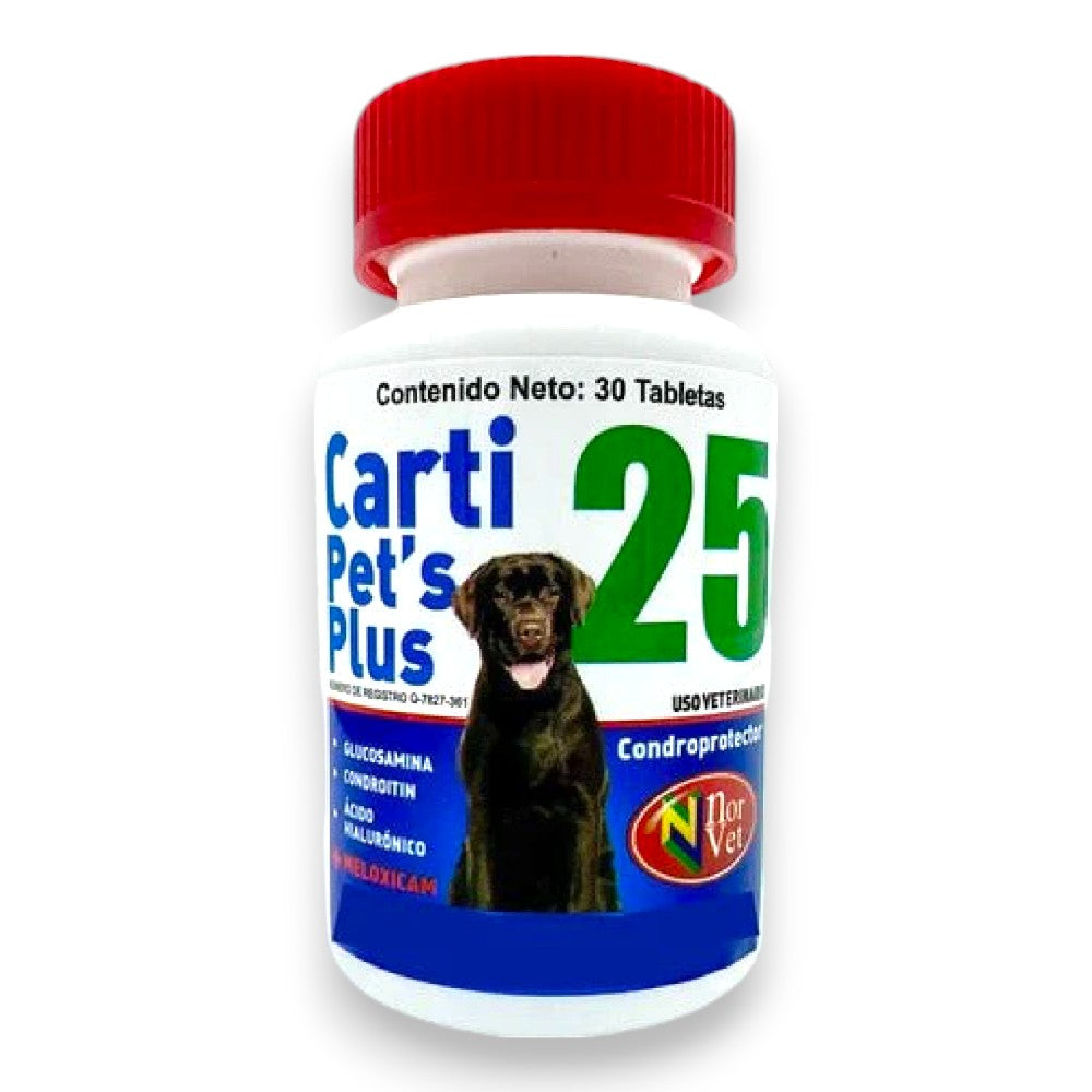 Carti Pet's Plus 25, Condroprotector + Meloxicam, Frasco con 30 tabletas, Norvet.