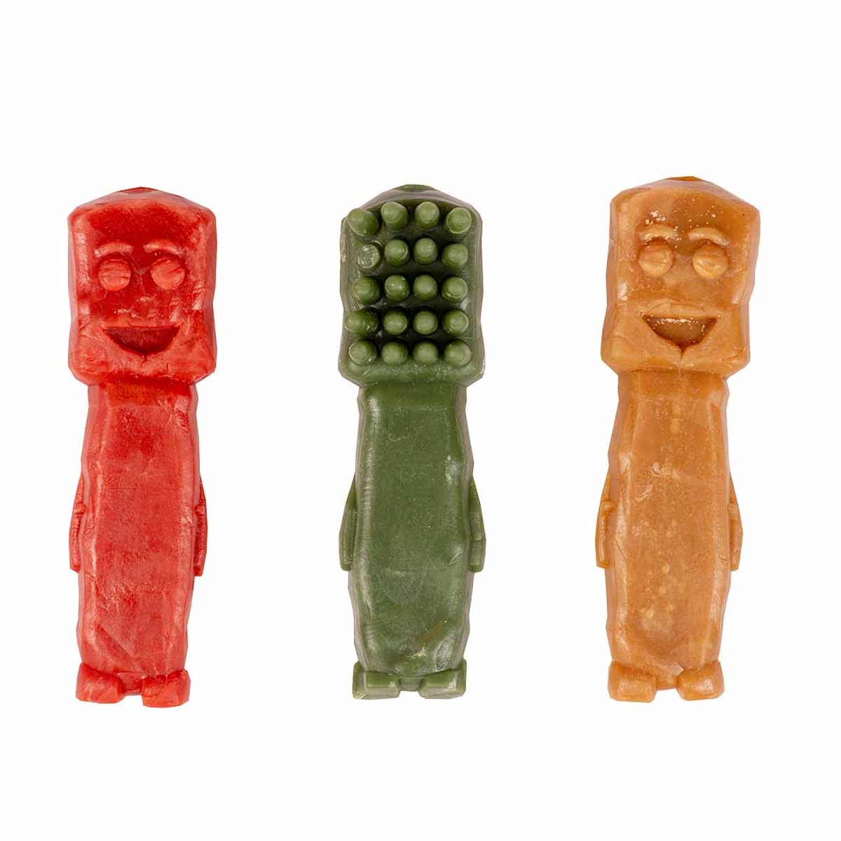 Tres piezas Garden Bites Toby Toothbrush S en colores rojo, verde y naranja – Premio dental vegano para perros