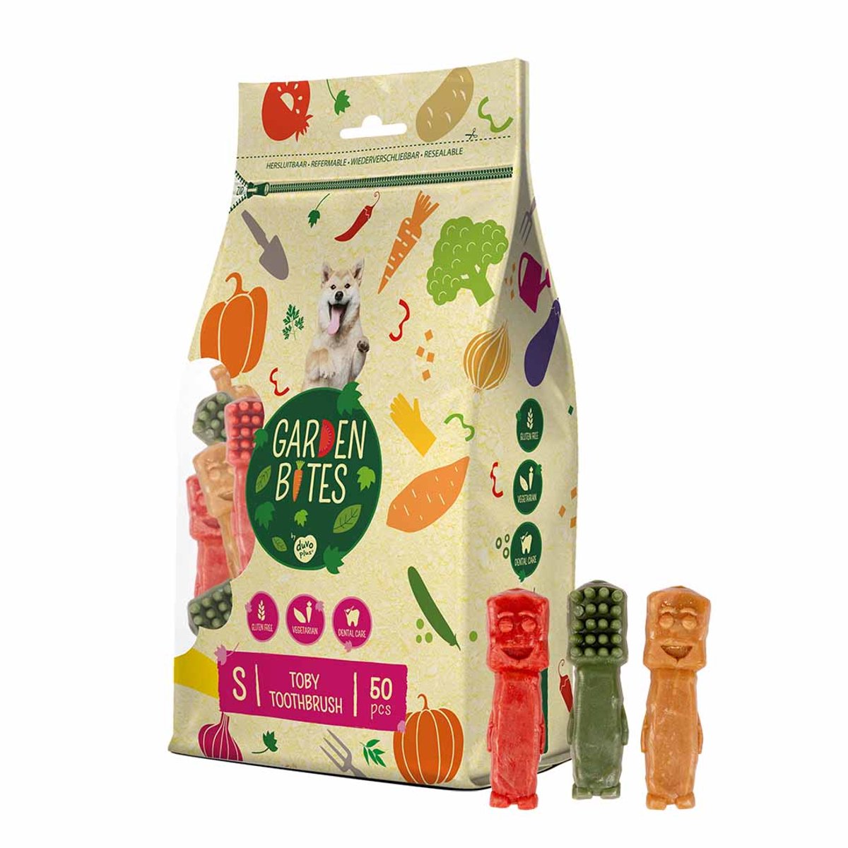 Garden Bites Toby Toothbrush S – Empaque y tres piezas dentales vegetarianas para perros en colores rojo, verde y naranja