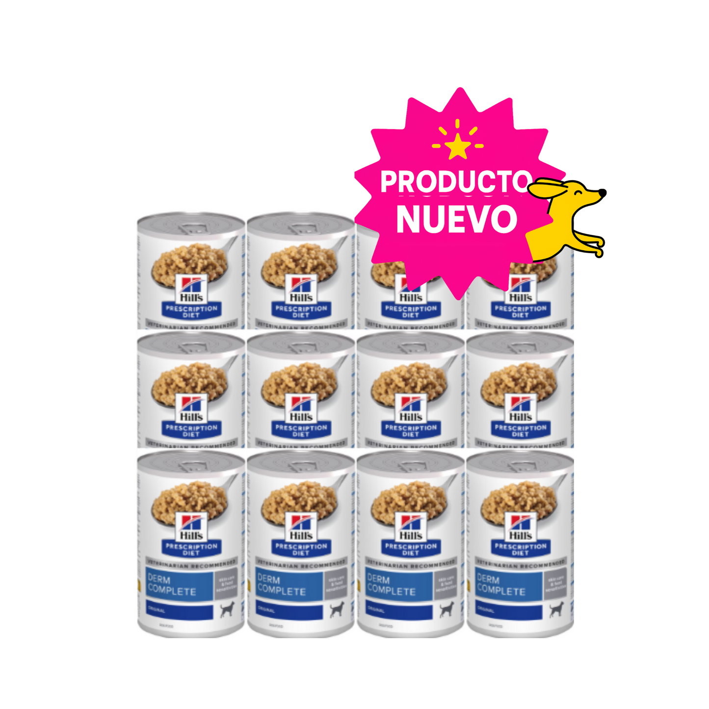 12 Latas Hill's Prescription Diet Alimento Húmedo para perro, Derm Complete Rice & Egg Recipe Canned Dog Food, 370g