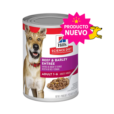 12 Latas Hill's Science Diet Perro Adulto Alimento Húmedo para Perro Sabor Carne de Res y Cebada, 370g