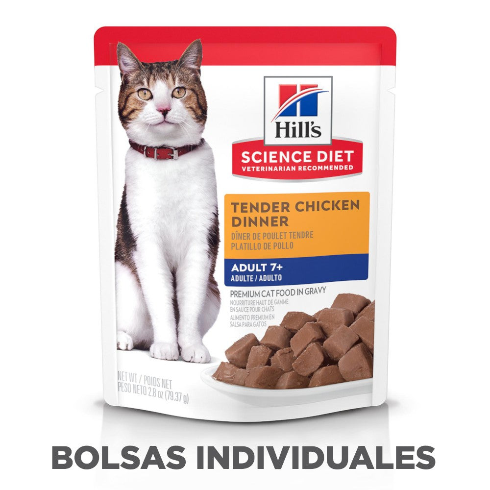 Hill's Science Diet Adult 7+, alimento húmedo en pouch para gato senior, platillo de pollo 79g