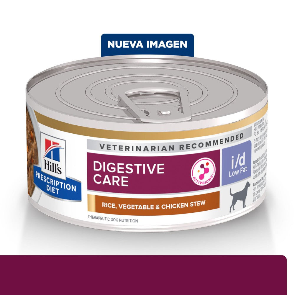 24 Latas Hill's Prescription Diet i/d Low Fat, Cuidado Digestivo, Bajo en Grasa para Perro, Estofado de Pollo y Vegetales, 156 g