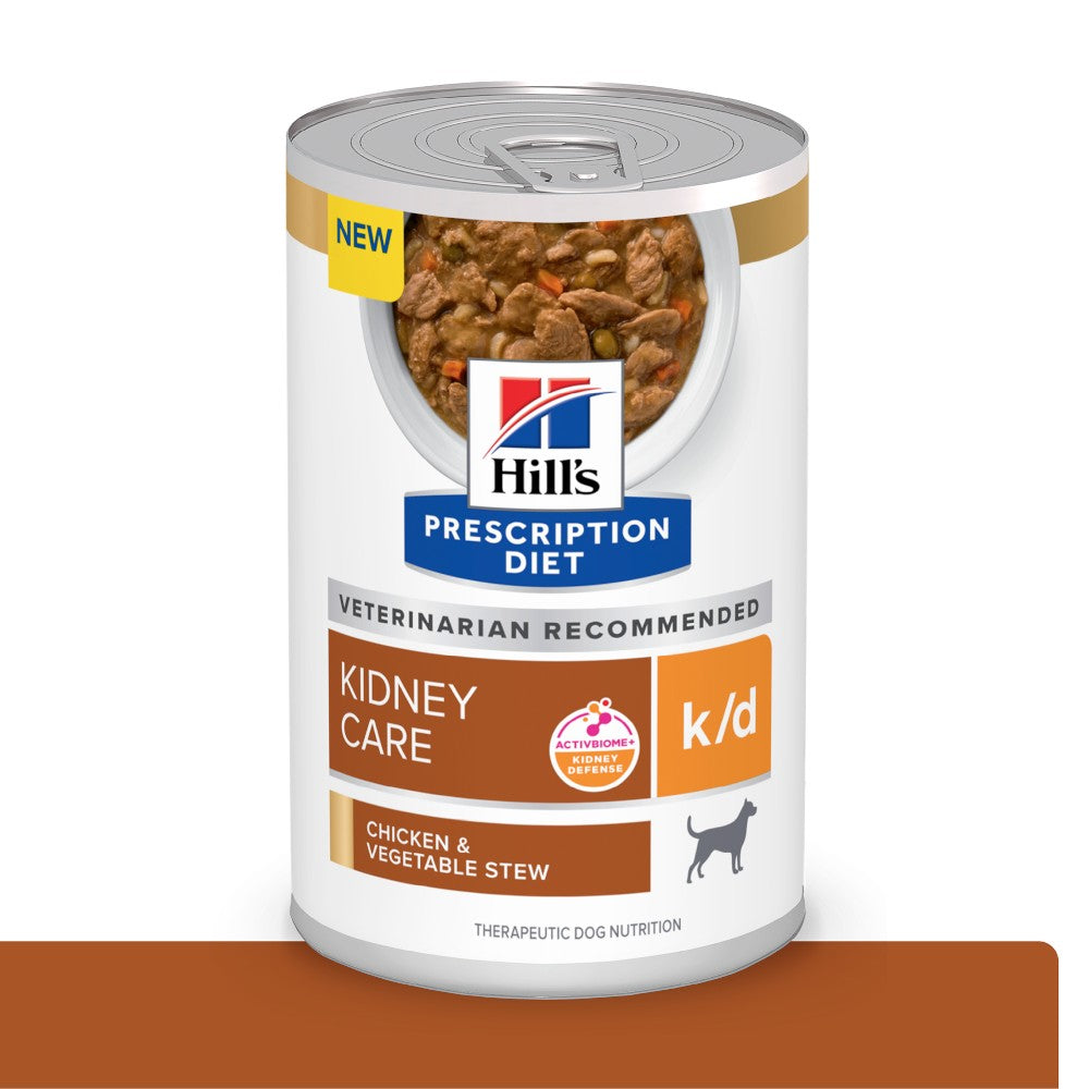 Lata Hill's Prescription Diet k/d, Cuidado Renal, para Perro, Estofado de Pollo y Vegetales, 363 g