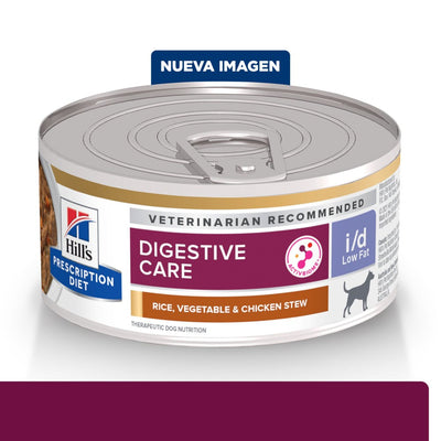 Lata Hill's Prescription Diet i/d Low Fat, Cuidado Digestivo, Bajo en Grasa para Perro, Estofado de Pollo y Vegetales, 156 g