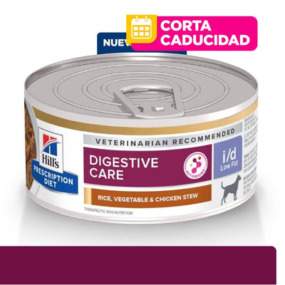 CORTA CADUCIDAD 24 Latas Hill's Prescription Diet i/d Low Fat, Cuidado Digestivo, Bajo en Grasa para Perro, Estofado de Pollo y Vegetales, 156 g