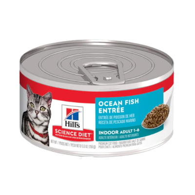 24 Latas Hill's Science Diet Adult Indoor, Alimento Húmedo en Lata para Gato Adulto Receta de Pescado Marino, 156g