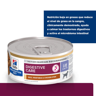 Lata Hill's Prescription Diet i/d Low Fat, Cuidado Digestivo, Bajo en Grasa para Perro, Estofado de Pollo y Vegetales, 156 g