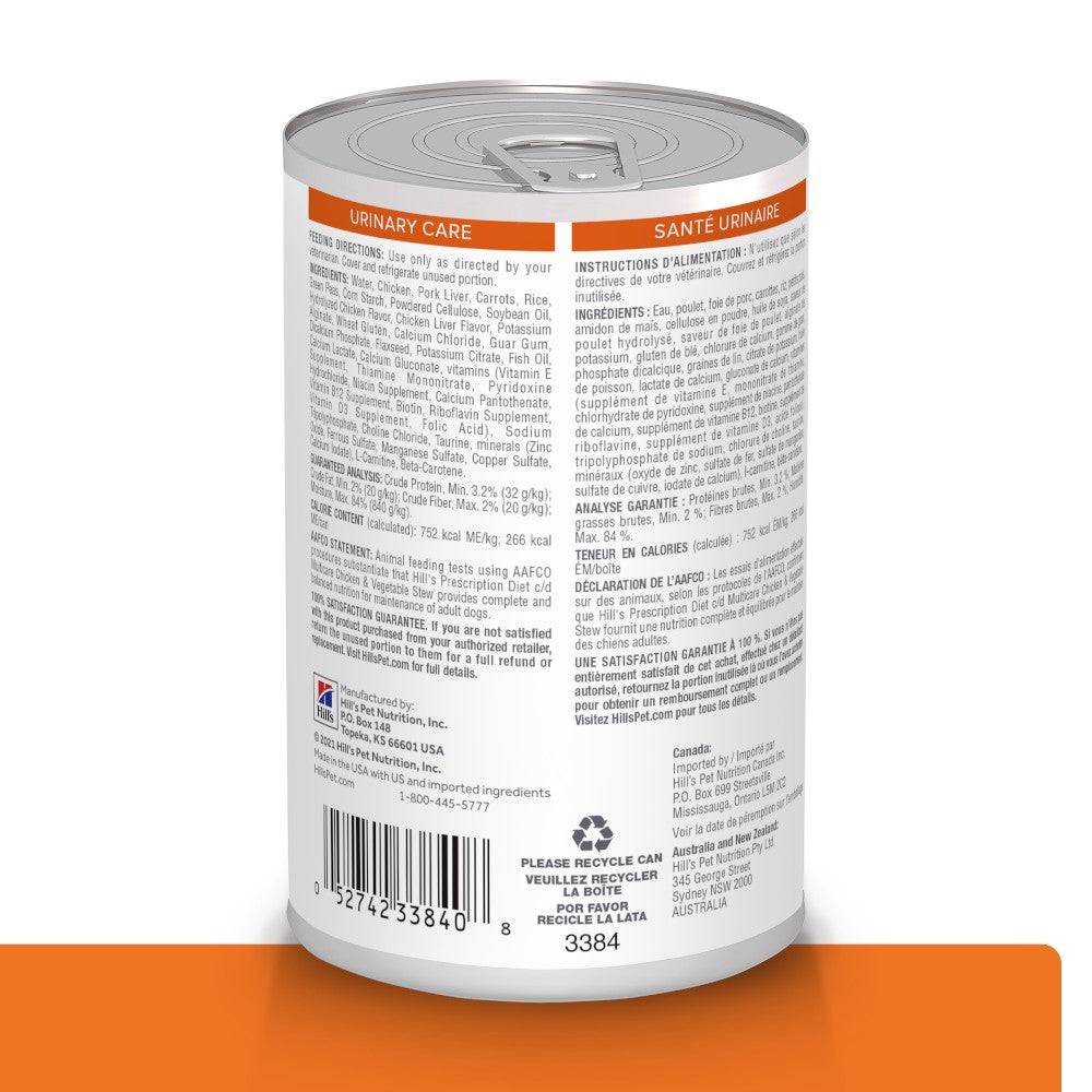 12 Latas Hill's Prescription Diet c/d Multicare, Cuidado Urinario, para Perro, Estofado de Pollo y Vegetales, 354 g