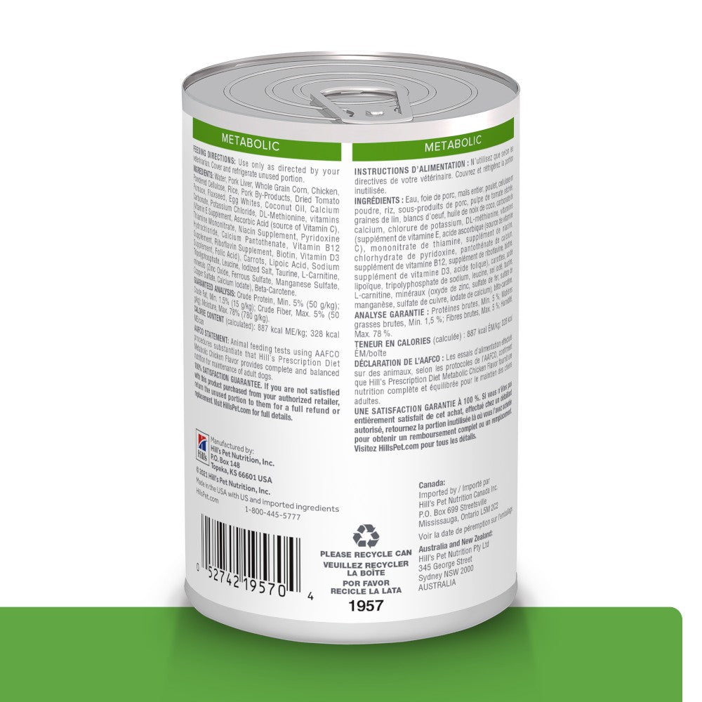 12 Latas Hill's Prescription Diet Metabolic, Pérdida y Mantenimiento del Peso, con Pollo para Perro, 369 g